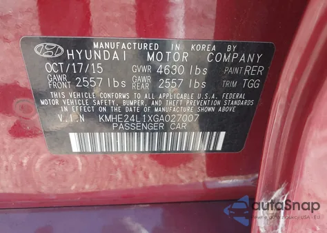 2016 Hyundai Sonata Hybrid Se z USA, uszkodzony, nr VIN KMHE24L1XGA027007